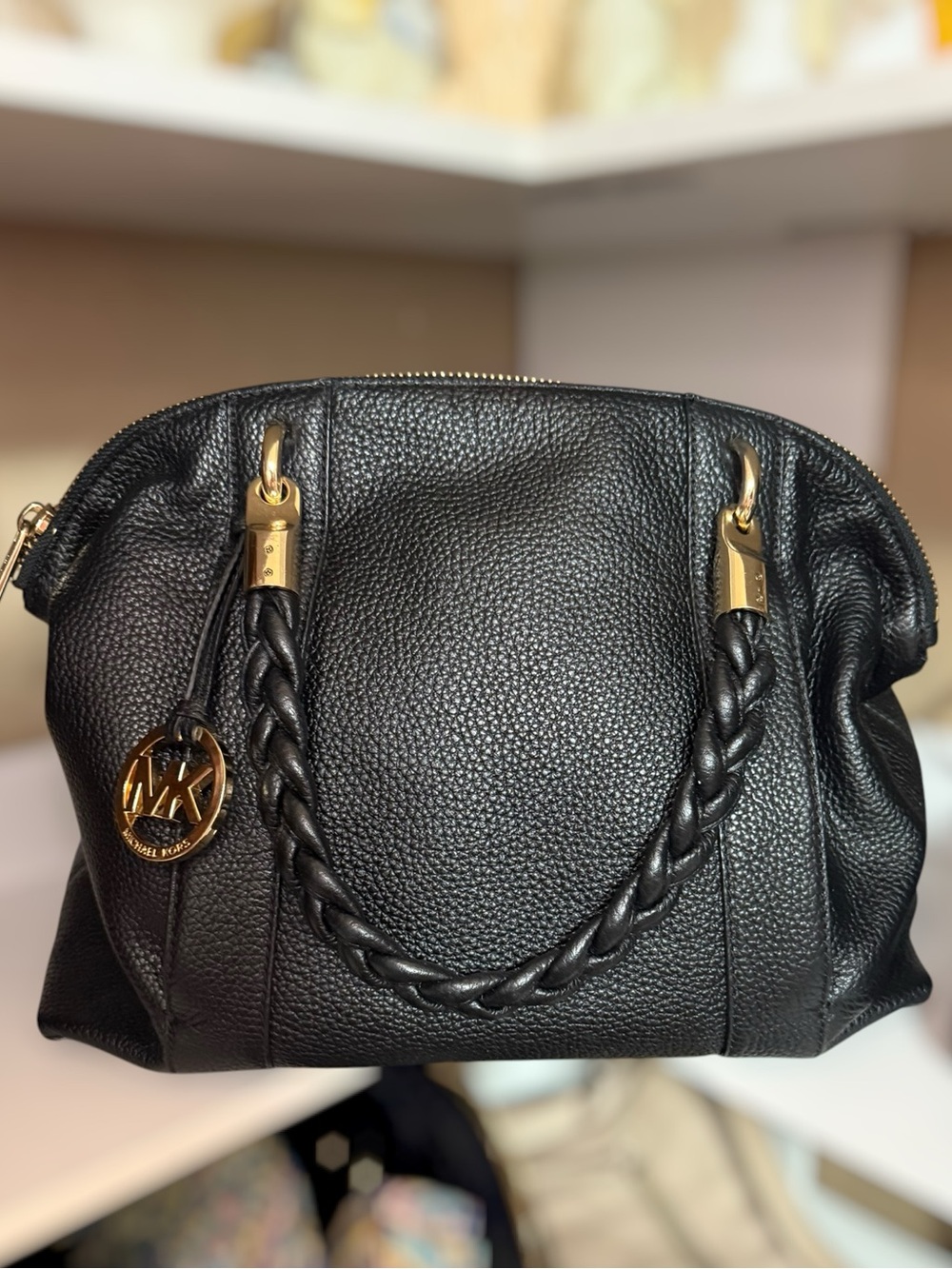 Michael Kors Naomi Large Satchel Black Pebbled Leather Braided Handle